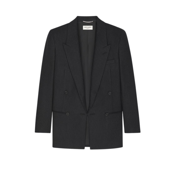Veste croisée SAINT LAURENT double boutonnage laine noire fines rayures craie