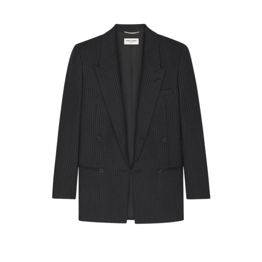 Veste croisée SAINT LAURENT double boutonnage laine noire fines rayures craie