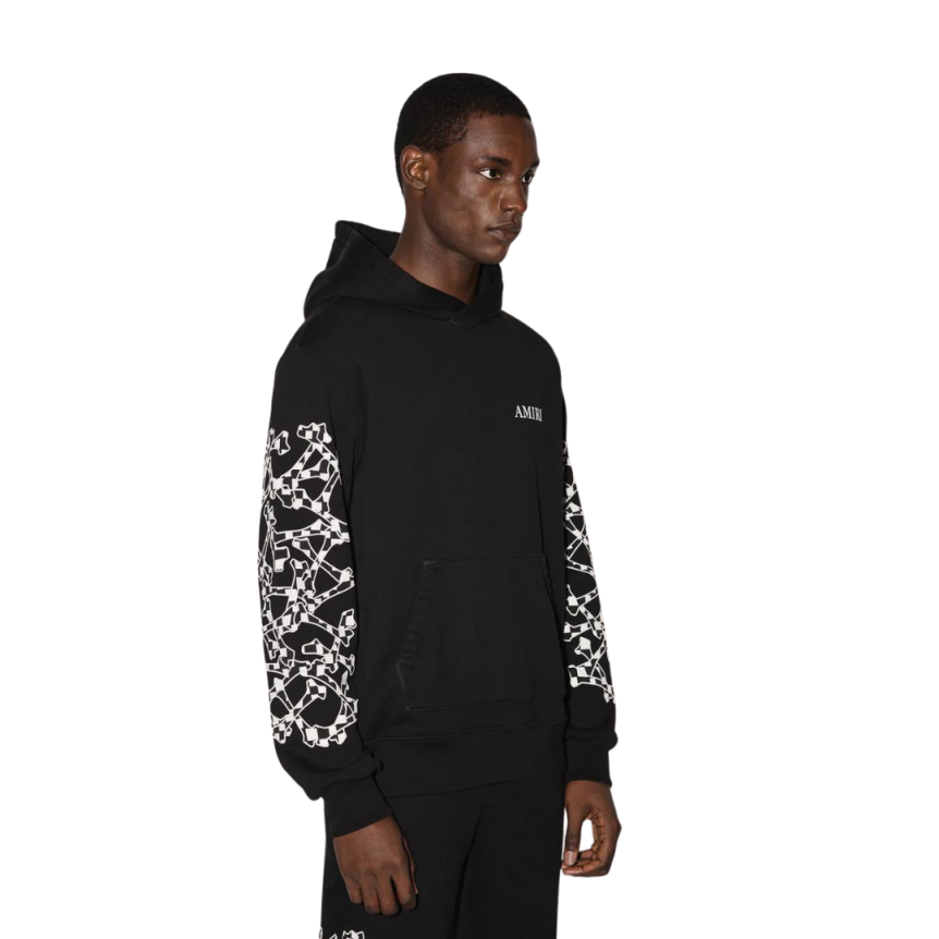 AMIRI Sweat-shirt à capuche coton noir motif os damier blanc