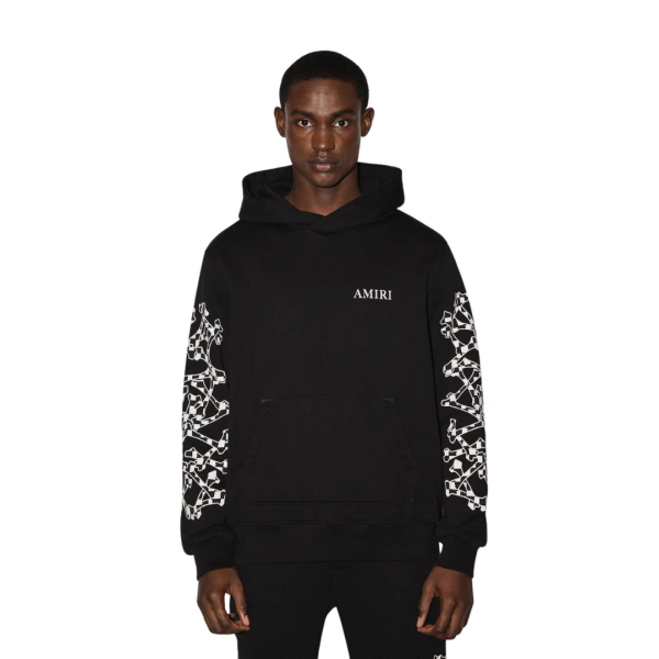 AMIRI Sweat-shirt à capuche coton noir motif os damier blanc