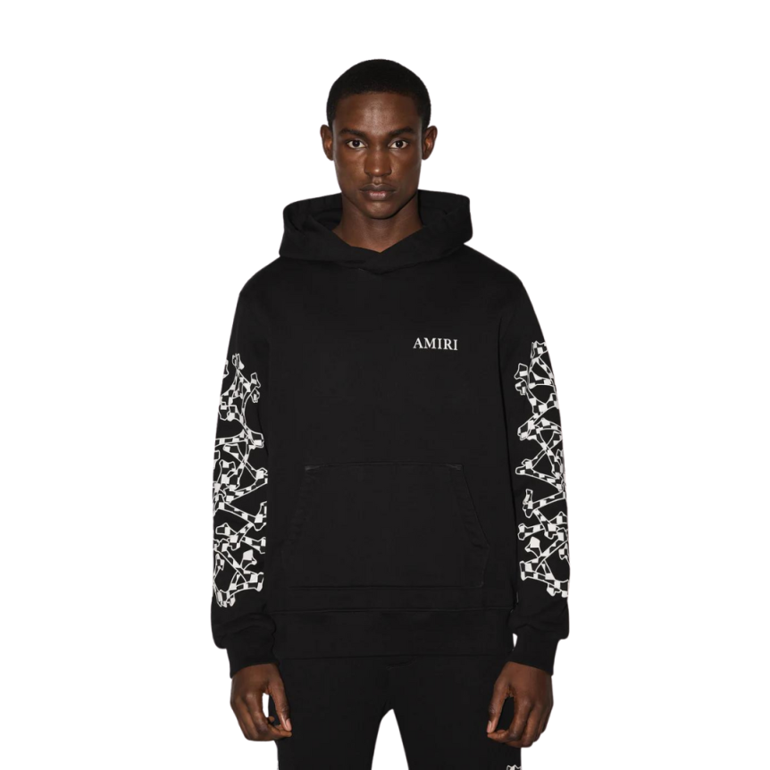 AMIRI Sweat-shirt à capuche coton noir motif os damier blanc