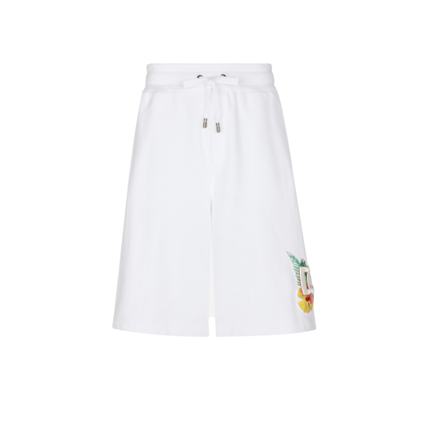 Short jogging DOLCE & GABBANA jersey coton blanc imprimé hawaïen fleurs broderie DG