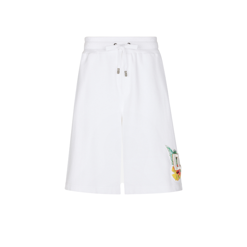 Short jogging DOLCE & GABBANA jersey coton blanc imprimé hawaïen fleurs broderie DG