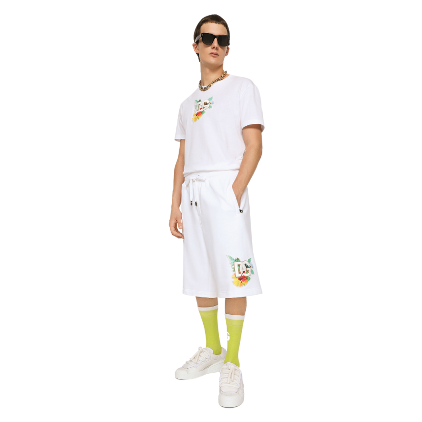 Short jogging DOLCE & GABBANA jersey coton blanc imprimé hawaïen fleurs broderie DG