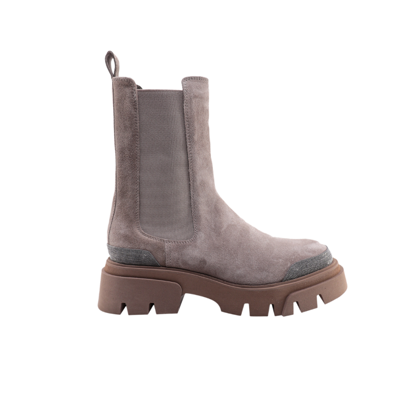 Bottines boots BRUNELLO CUCINELLI Chelsea daim marron taupe strass semelle crantée