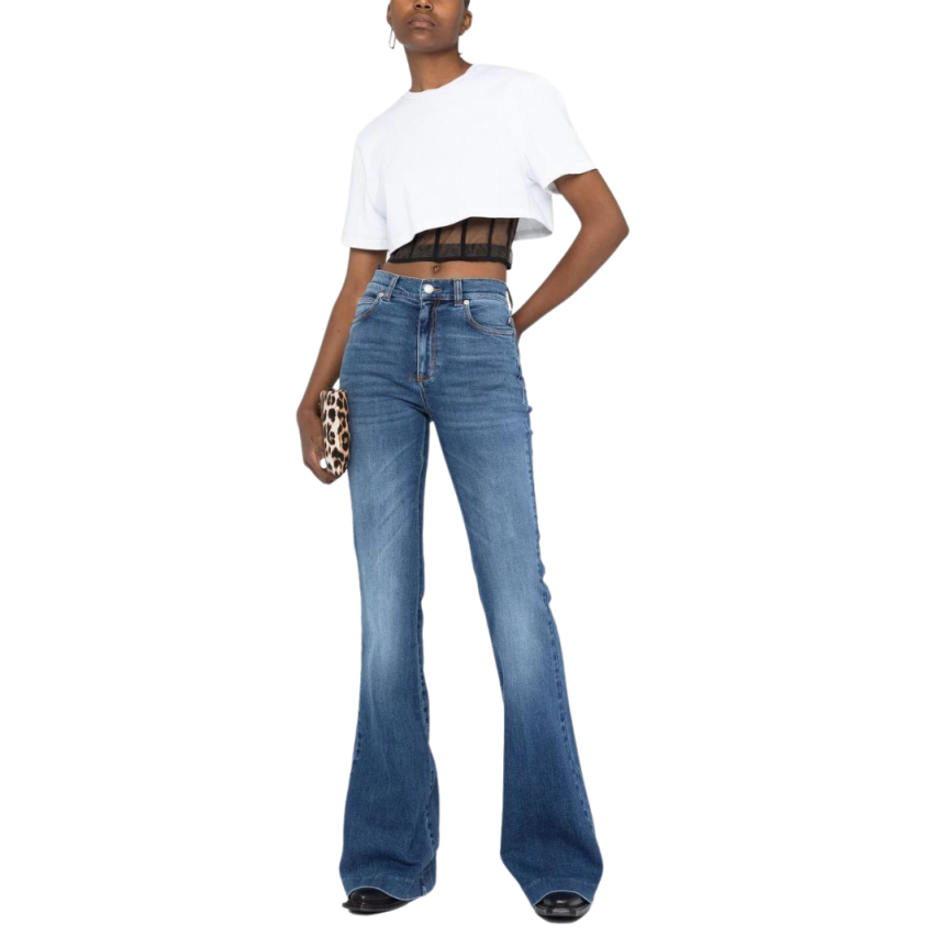 jean flare ALEXANDER MCQUEEN patch logo denim bleu finitions effet usé