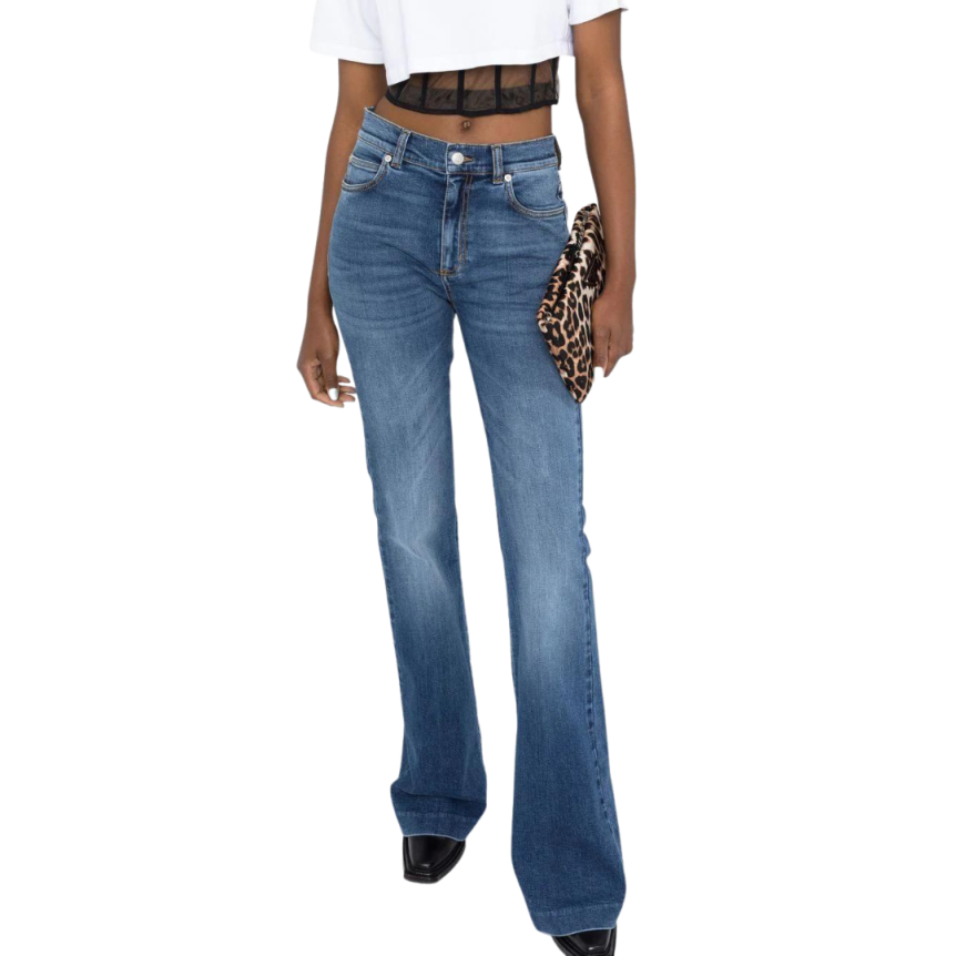 jean flare ALEXANDER MCQUEEN patch logo denim bleu finitions effet usé