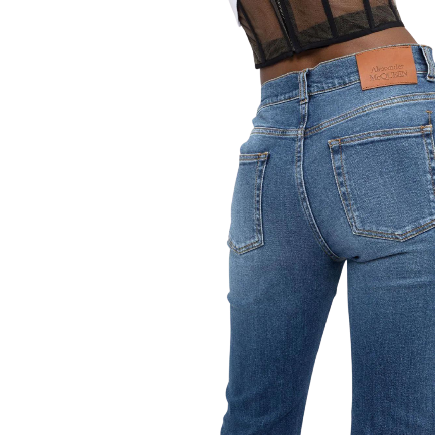 jean flare ALEXANDER MCQUEEN patch logo denim bleu finitions effet usé