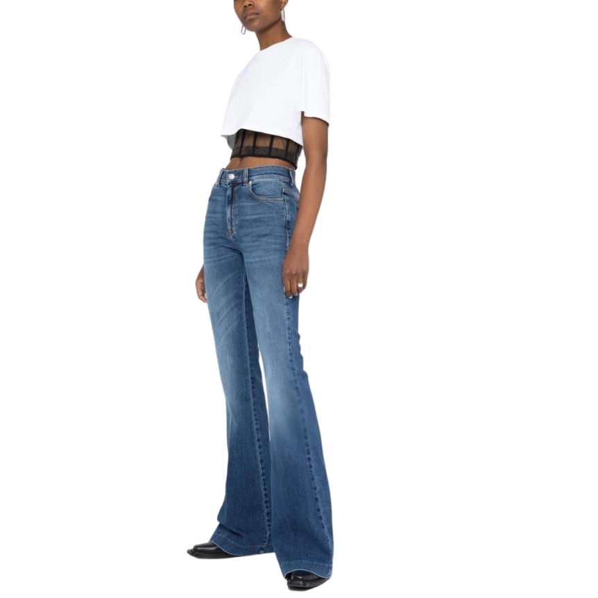 jean flare ALEXANDER MCQUEEN patch logo denim bleu finitions effet usé