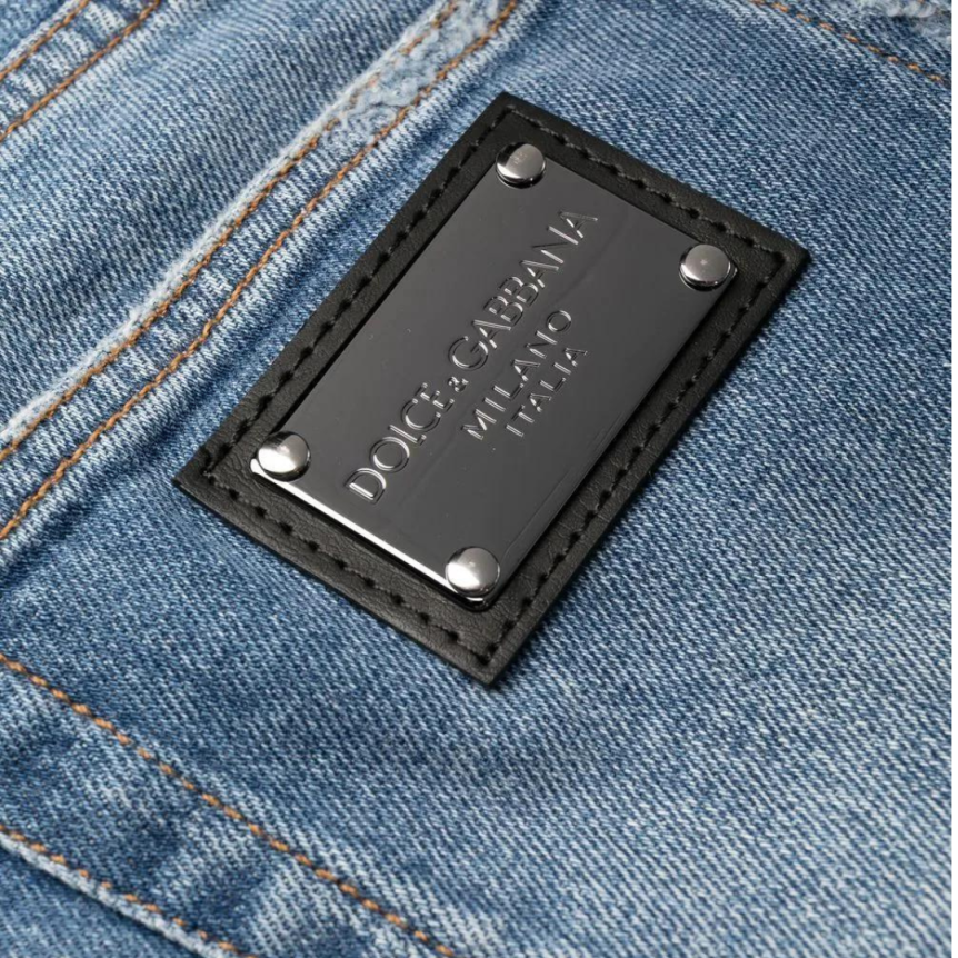 jean slim DOLCE & GABBANA denim coton bleu délavé déchiré plaque logo