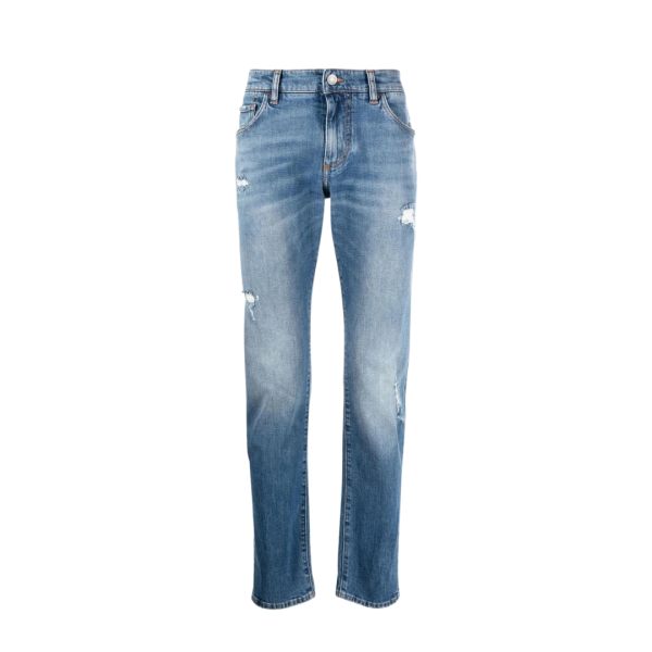 jean slim DOLCE & GABBANA denim coton bleu délavé déchiré plaque logo