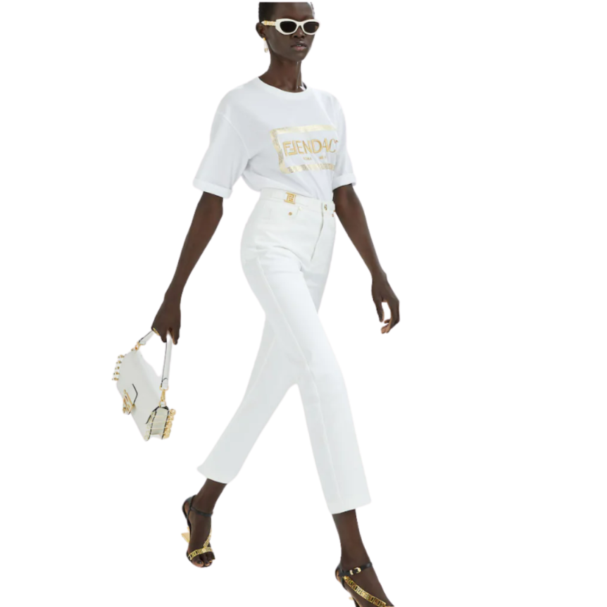 Pantalon Jeans FENDI coton blanc logo métal doré