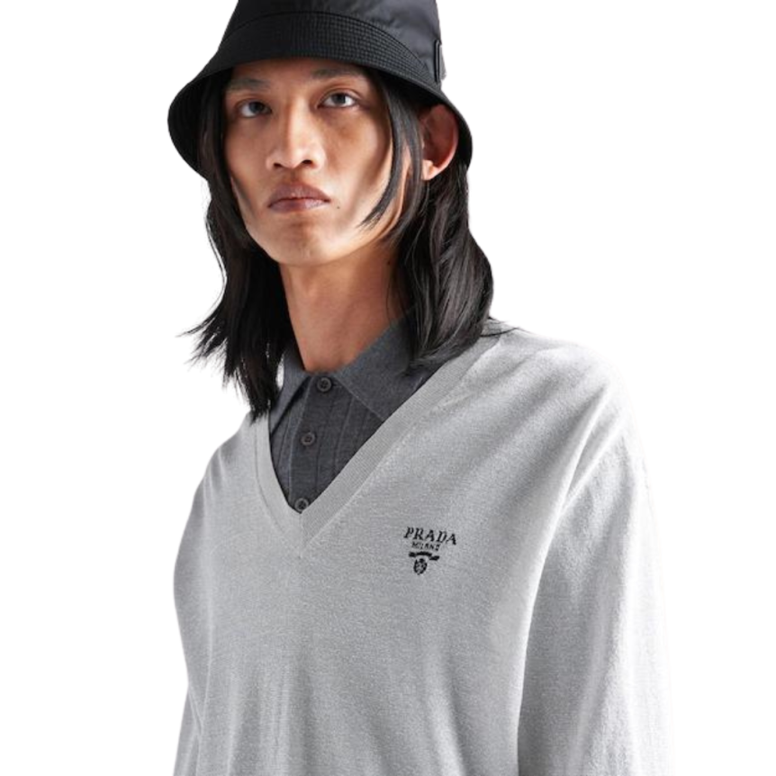 Pull Col en V Lurex argent logo Prada Milano noir