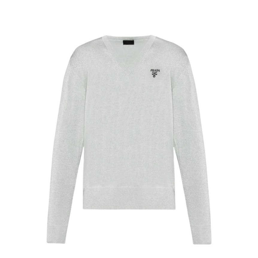 Pull Col en V Lurex argent logo Prada Milano noir