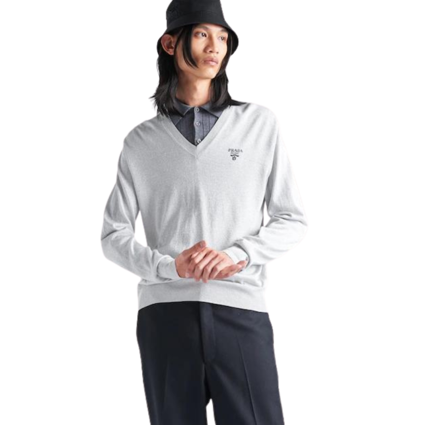 Pull Col en V Lurex argent logo Prada Milano noir