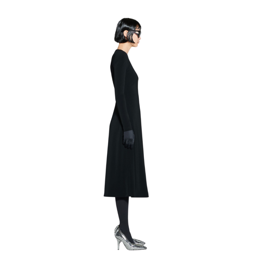 Robe longue col rond A-Line crêpe noir BALENCIAGA NYC Show Printemps 2023