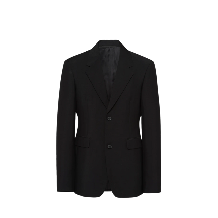 Veste droite PRADA laine mohair noire logo triangle dos
