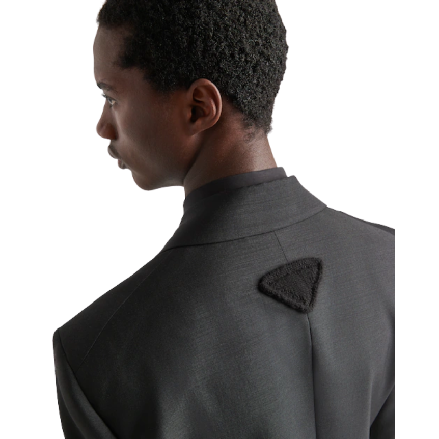 Veste droite PRADA laine mohair noire logo triangle dos