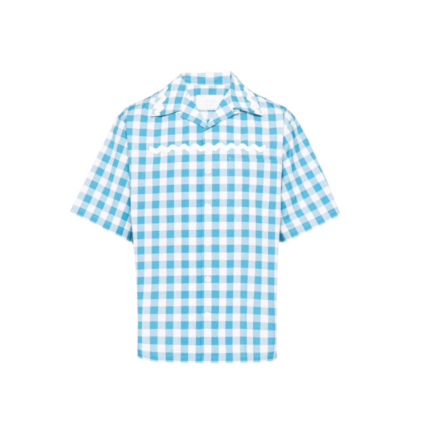 Chemise PRADA manche courte oversize coton vichy blanc bleu