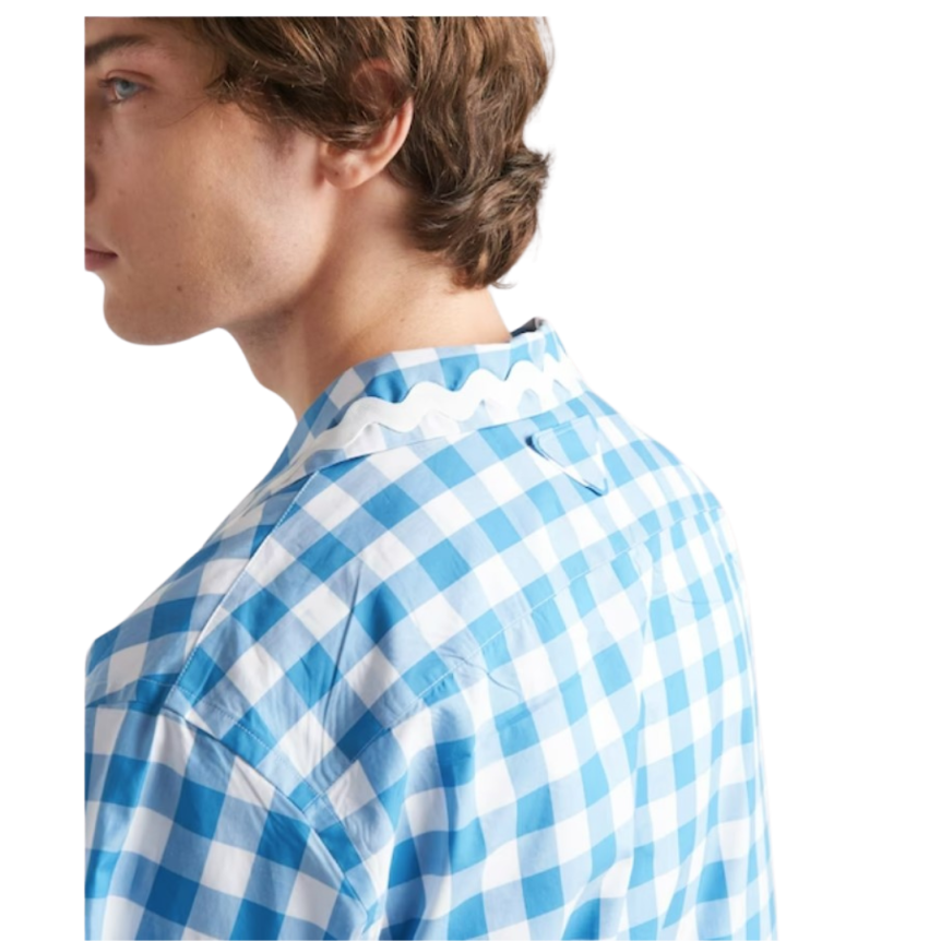 Chemise PRADA manche courte oversize coton vichy blanc bleu