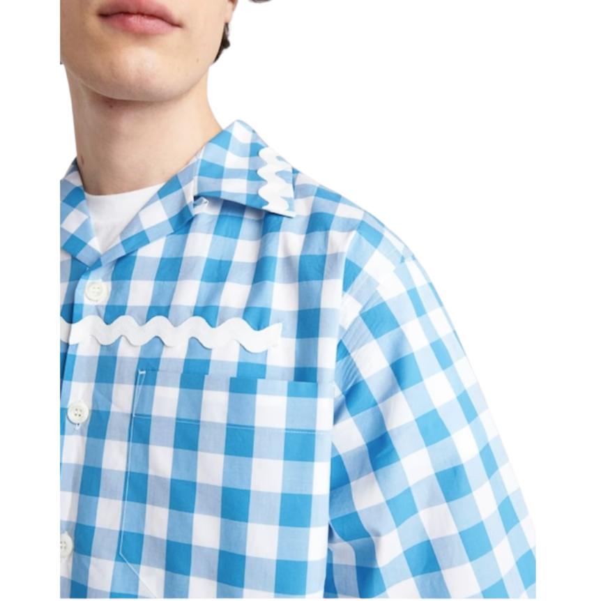 Chemise PRADA manche courte oversize coton vichy blanc bleu