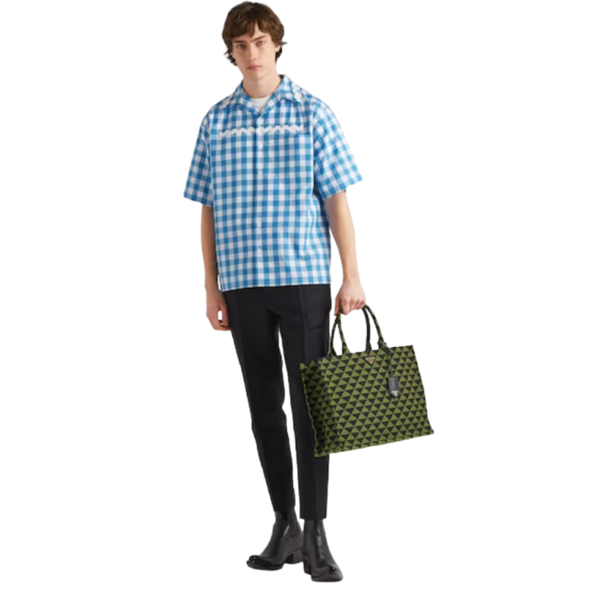 Chemise PRADA manche courte oversize coton vichy blanc bleu