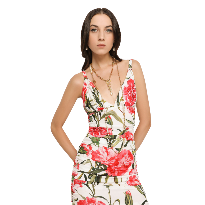 Robe à bretelles DOLCE & GABBANA mi-longue soie imprimée œillets rose