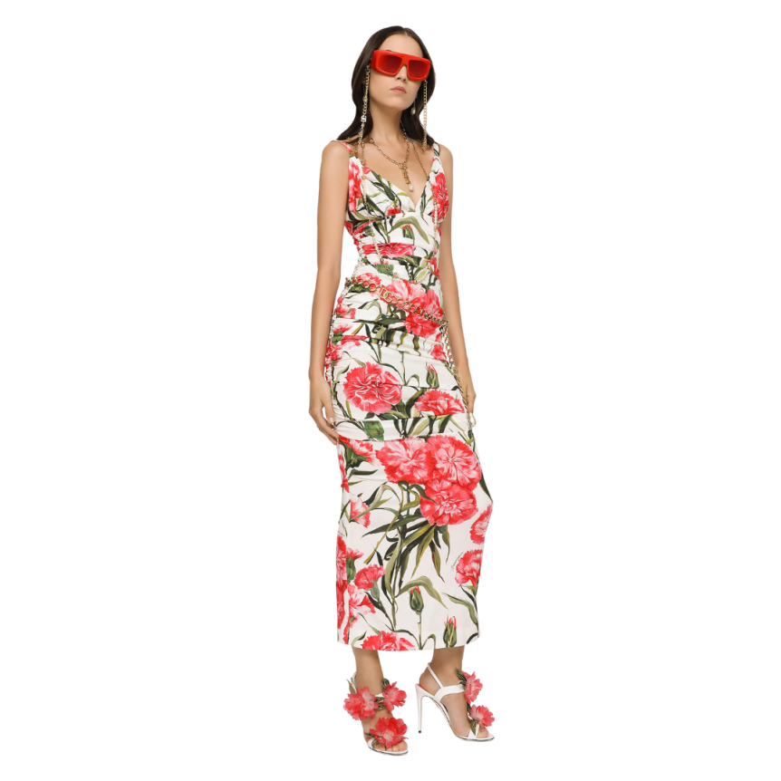 Robe à bretelles DOLCE & GABBANA mi-longue soie imprimée œillets rose