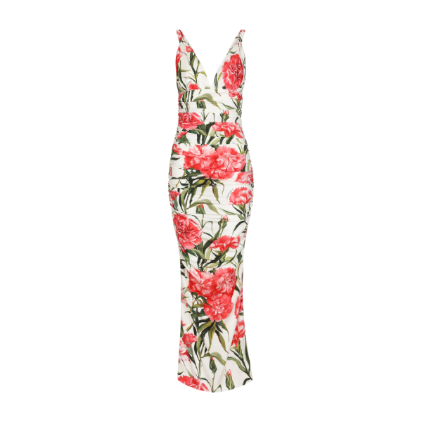 Robe à bretelles DOLCE & GABBANA mi-longue soie imprimée œillets rose