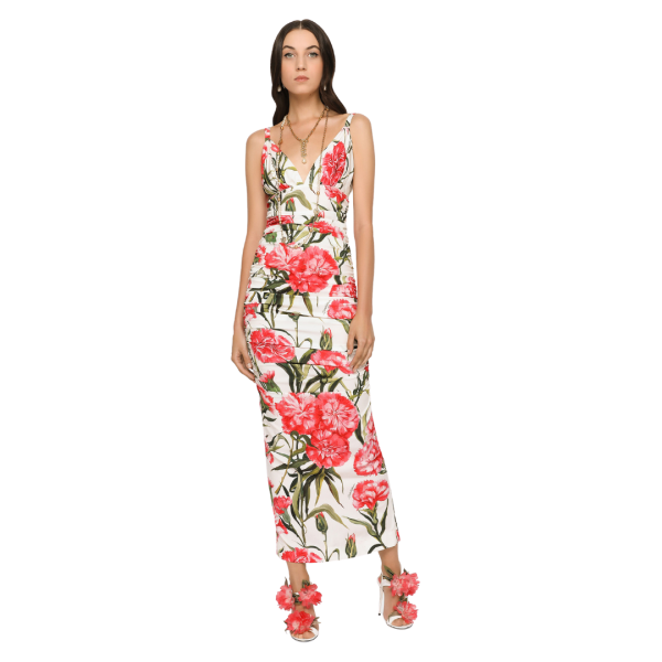 Robe à bretelles DOLCE & GABBANA mi-longue soie imprimée œillets rose