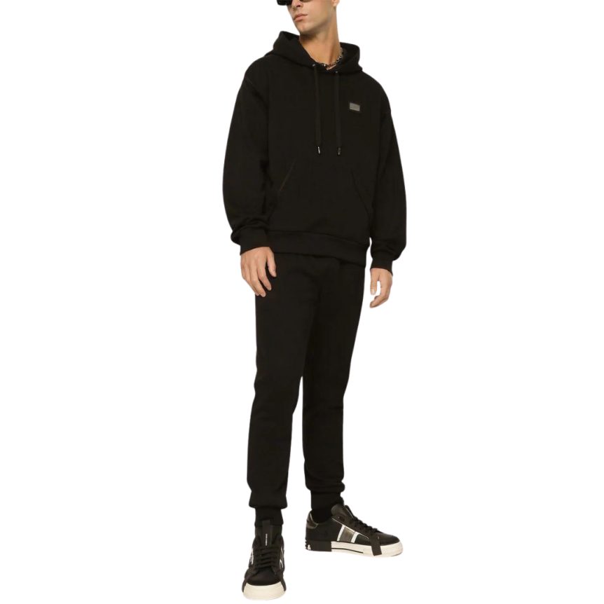 Sweat-shirt à capuche DOLCE & GABBANA coton noir logo plaque métal