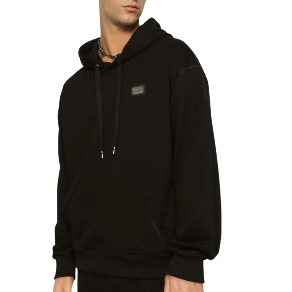 Sweat-shirt à capuche DOLCE & GABBANA coton noir logo plaque métal