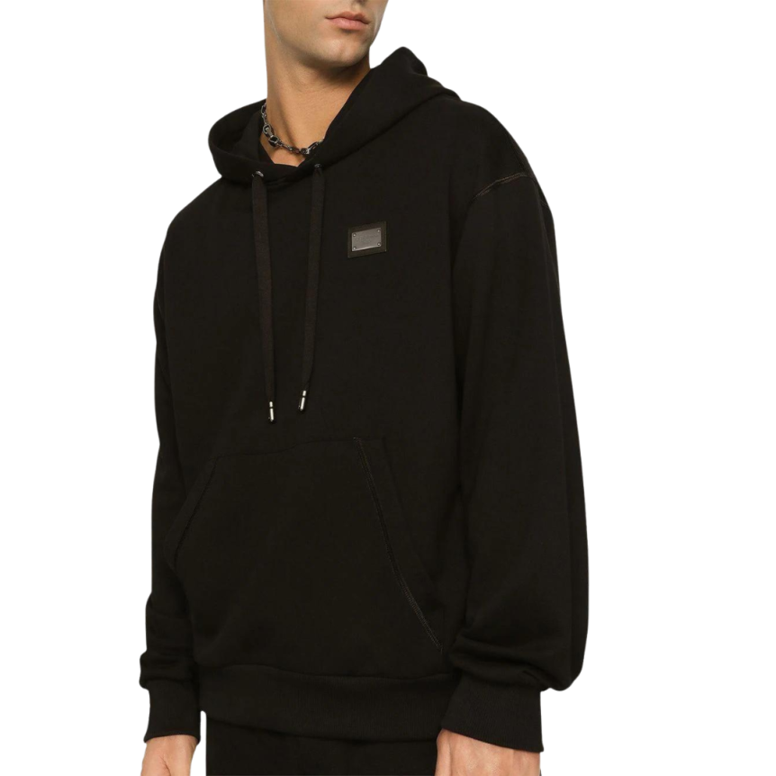 Sweat-shirt à capuche DOLCE & GABBANA coton noir logo plaque métal