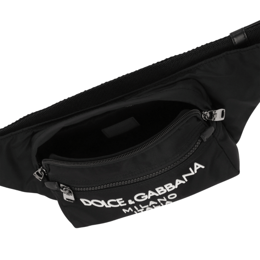 Petit sac ceinture banane en nylon noir avec logo caoutchouté blanc Dolce & Gabbana Milano blanc