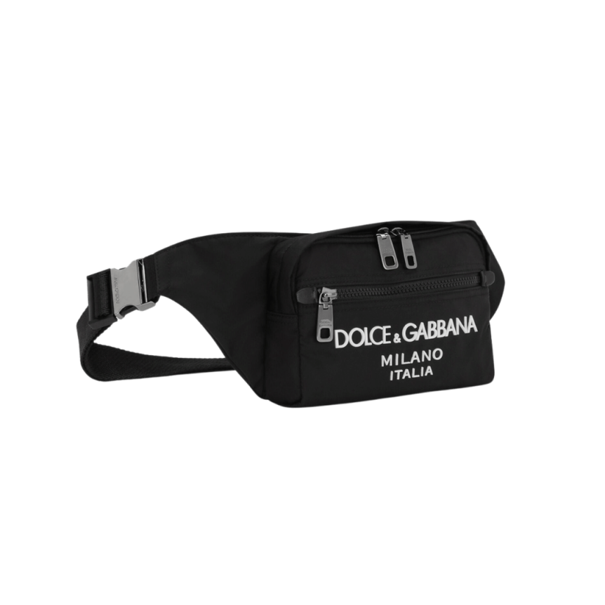 Petit sac ceinture banane en nylon noir avec logo caoutchouté blanc Dolce & Gabbana Milano blanc