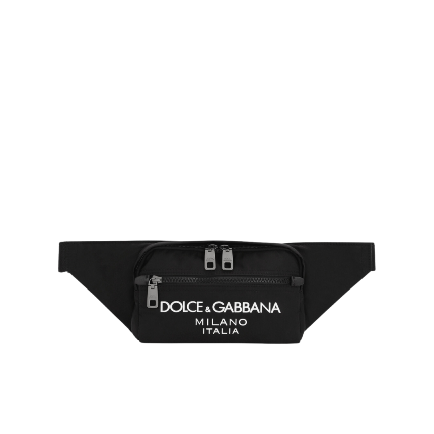 Petit sac ceinture banane en nylon noir avec logo caoutchouté blanc Dolce & Gabbana Milano blanc