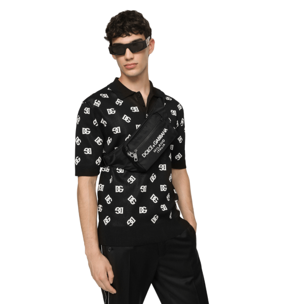 Petit sac ceinture banane en nylon noir avec logo caoutchouté blanc Dolce & Gabbana Milano blanc