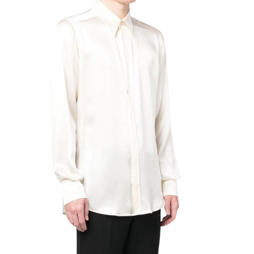 Chemise DOLCE & GABBANA manches longues coupe Martini satin de soie brillant ivoire