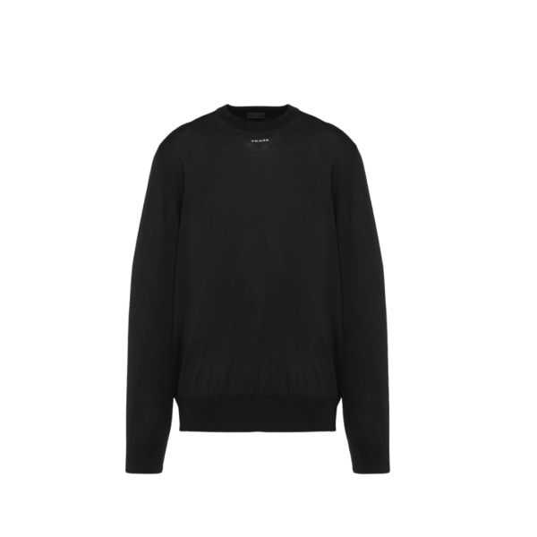 pull oversize laine extra fine PRADA noire logo lettre jacquard blanc