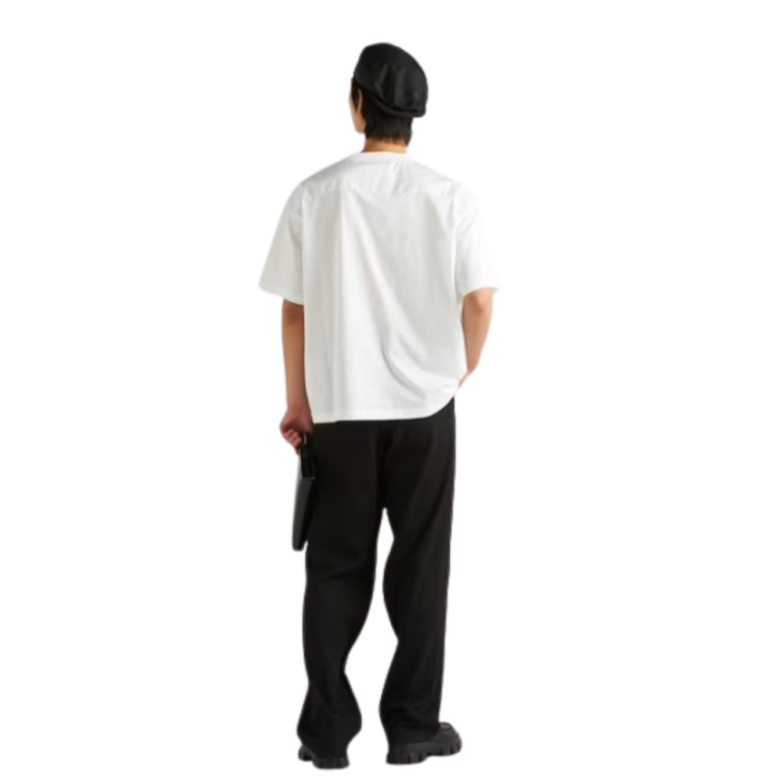 T-shirt col rond PRADA bi matière coton blanc broderie logo triangle strass clous