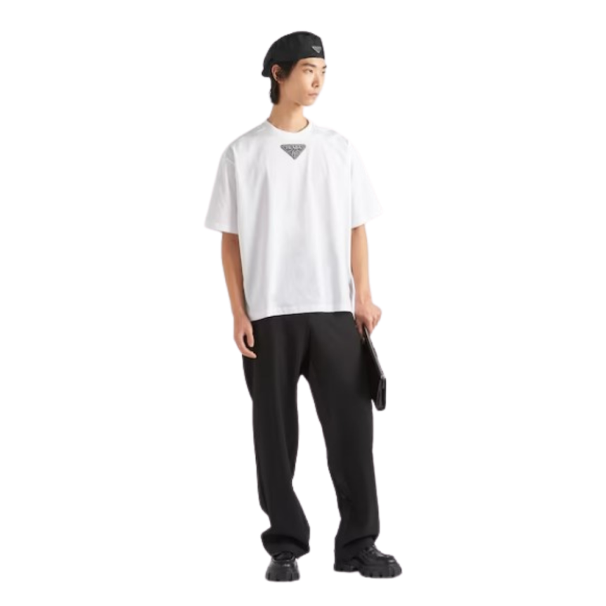 T-shirt col rond PRADA bi matière coton blanc broderie logo triangle strass clous