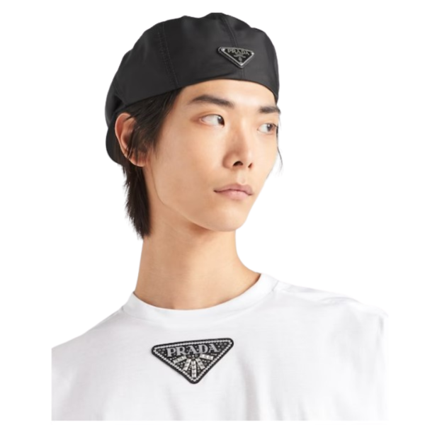 T-shirt col rond PRADA bi matière coton blanc broderie logo triangle strass clous