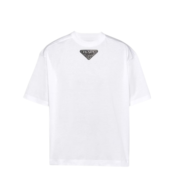 T-shirt col rond PRADA bi matière coton blanc broderie logo triangle strass clous