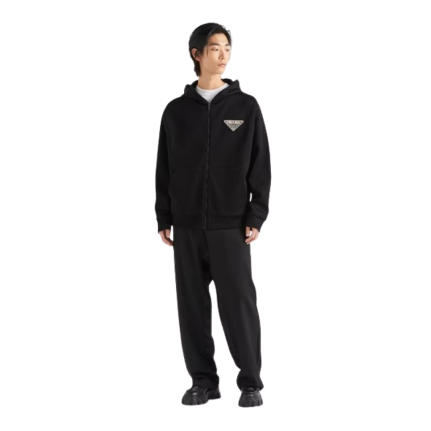 Sweat-shirt à capuche PRADA noir broderie logo triangle strass clous