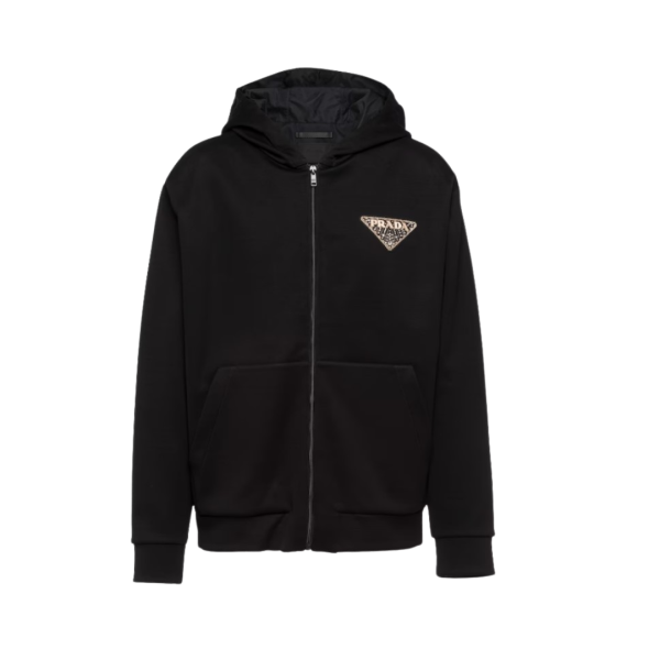 Sweat-shirt à capuche PRADA noir broderie logo triangle strass clous