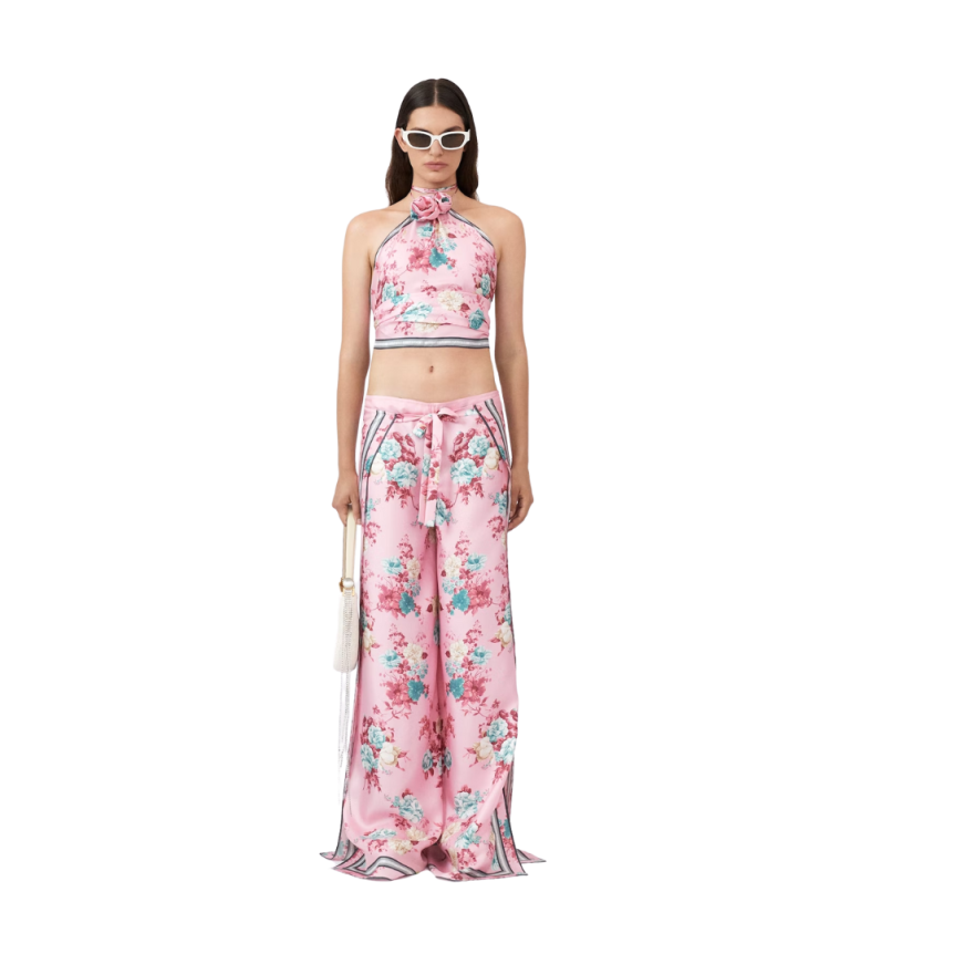 MAGDA BUTRYM Robe courte Foulard fluide soie écrue fleurs roses