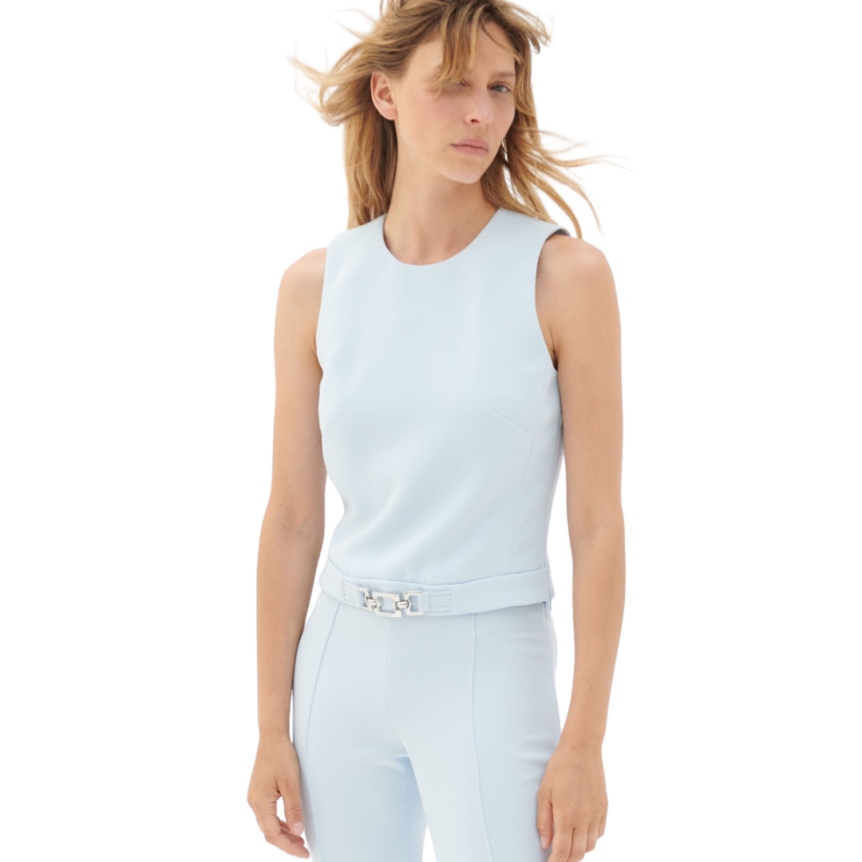 Top bijou sans manches BARBARA BUI en crêpe fluide bleu ciel