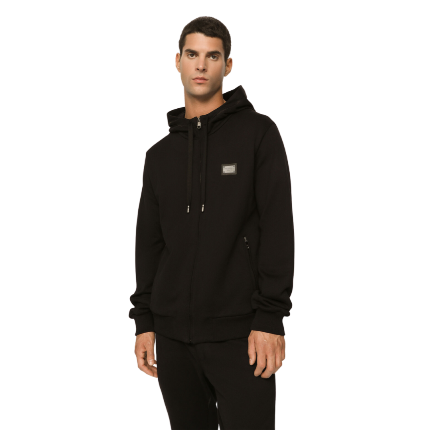 Sweat à capuche DOLCE & GABBANA en jersey de coton noir étiquette métal logo