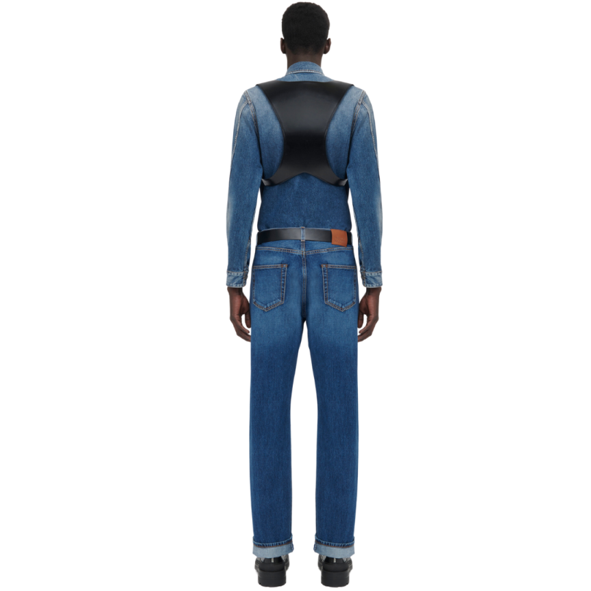 Jean ALEXANDER MCQUEEN large ourlets À revers denim bleu délavé surpiqures jaune