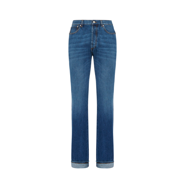 Jean ALEXANDER MCQUEEN large ourlets À revers denim bleu délavé surpiqures jaune